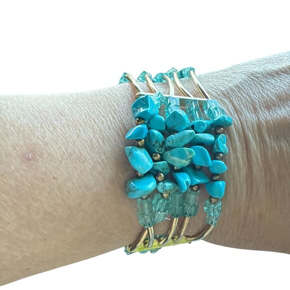 Turquoise Chip Bead Cuff Bracelet Multi Strand Wire Wrap Vintage Style Jewelry - Picture 5 of 9